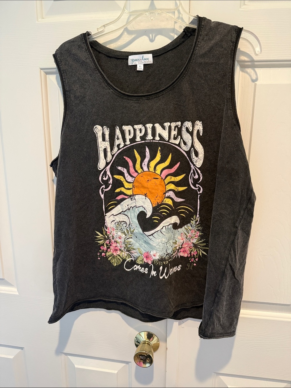 Grace & Lace Black Graphic Muscle Tank with Sun & Wave Print